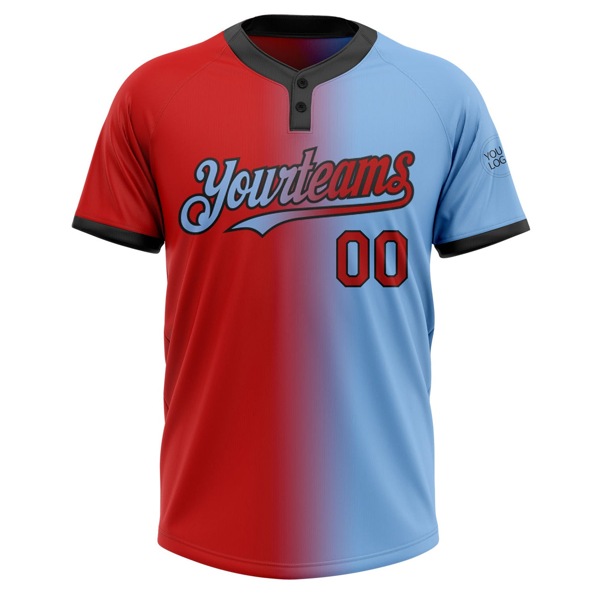 Custom Light Blue Red-Black Gradient Fashion Two-Button Unisex Softball Jersey Limited