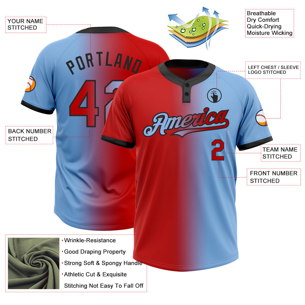 Custom Light Blue Red-Black Gradient Fashion Two-Button Unisex Softball Jersey Limited