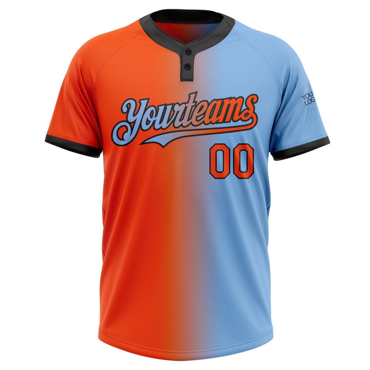 Custom Light Blue Orange-Black Gradient Fashion Two-Button Unisex Softball Jersey Limited