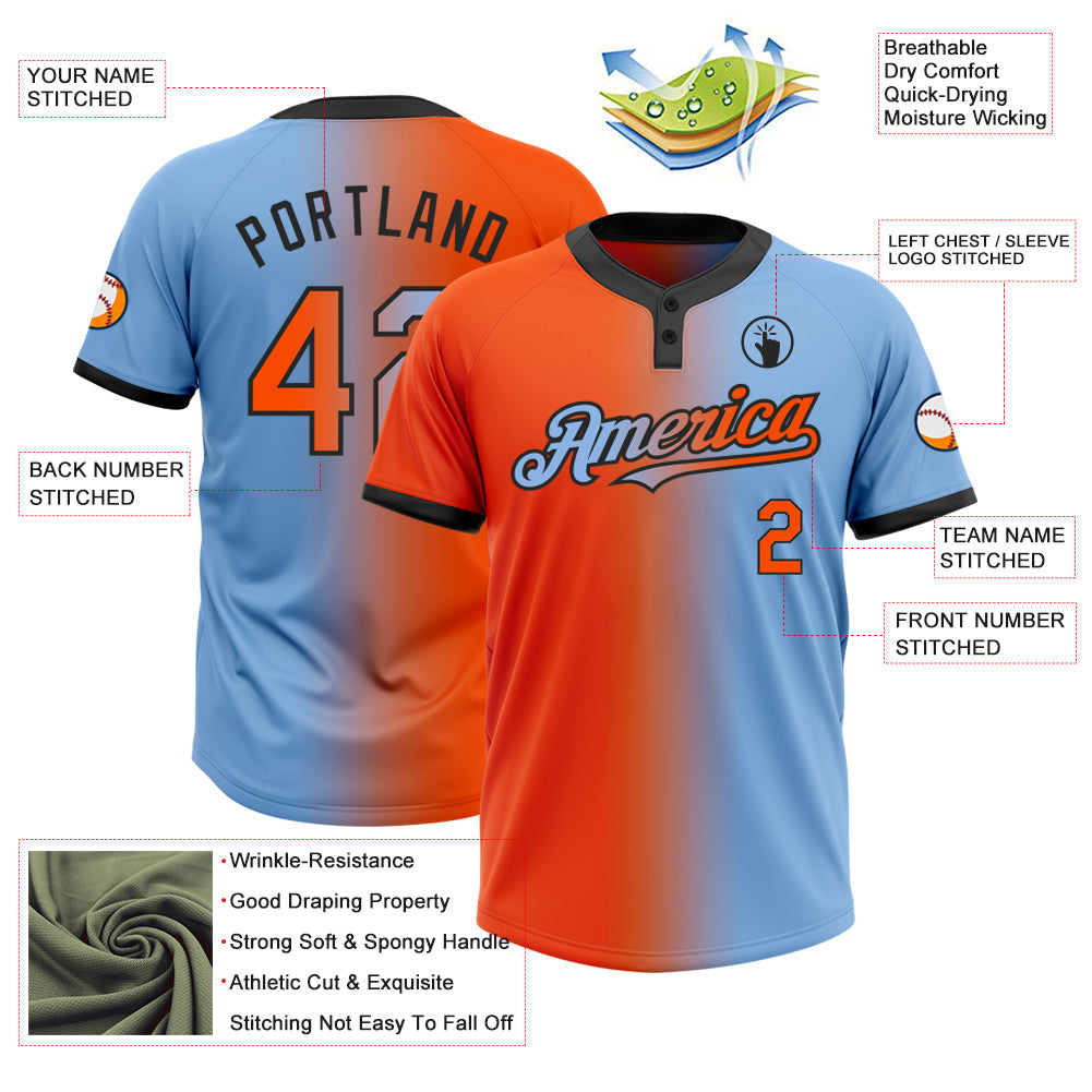 Custom Light Blue Orange-Black Gradient Fashion Two-Button Unisex Softball Jersey Limited