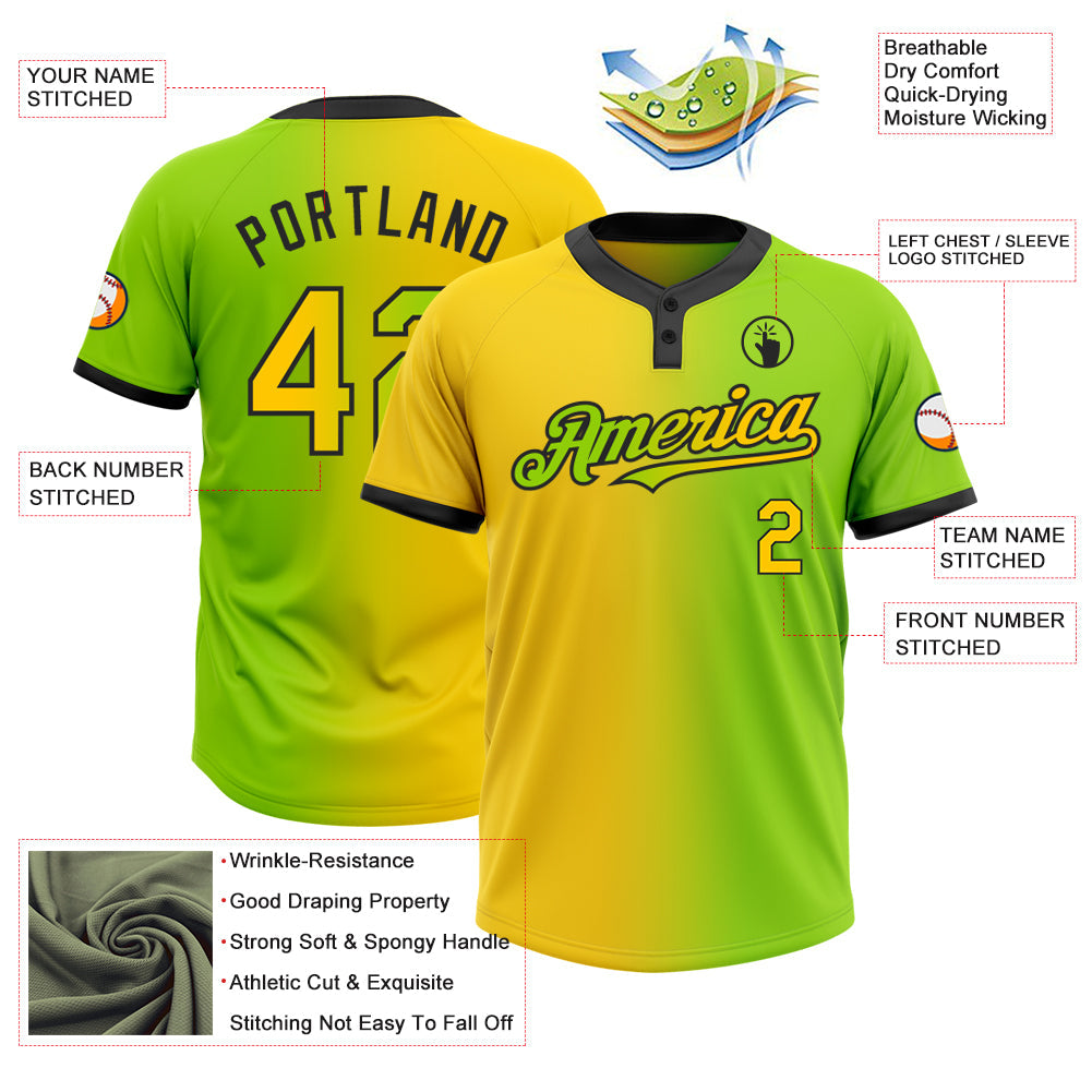 Custom Neon Green Yellow-Black Gradient Fashion Two-Button Unisex Softball Jersey Limited