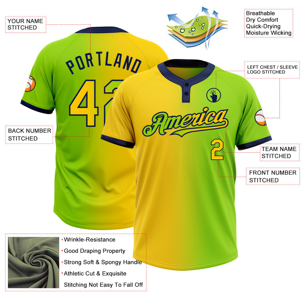 Custom Neon Green Yellow-Navy Gradient Fashion Two-Button Unisex Softball Jersey Limited