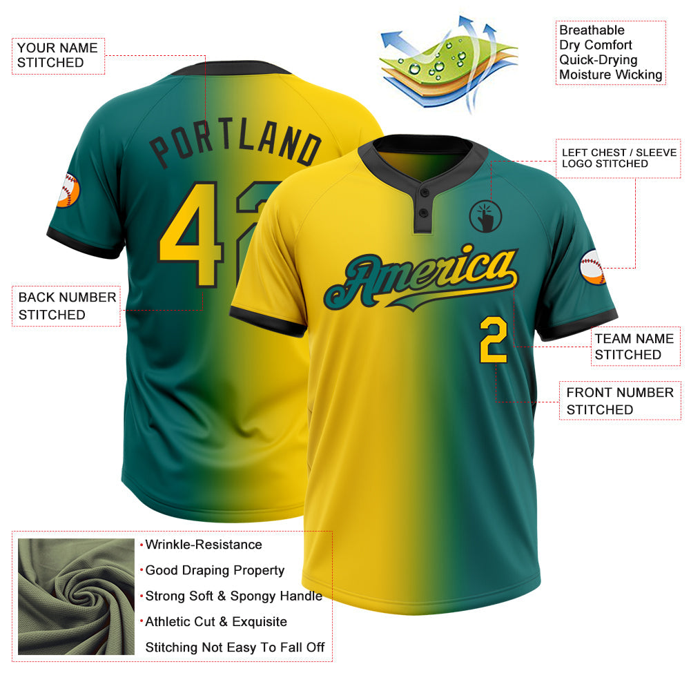 Custom Teal Yellow-Black Gradient Fashion Two-Button Unisex Softball Jersey Limited