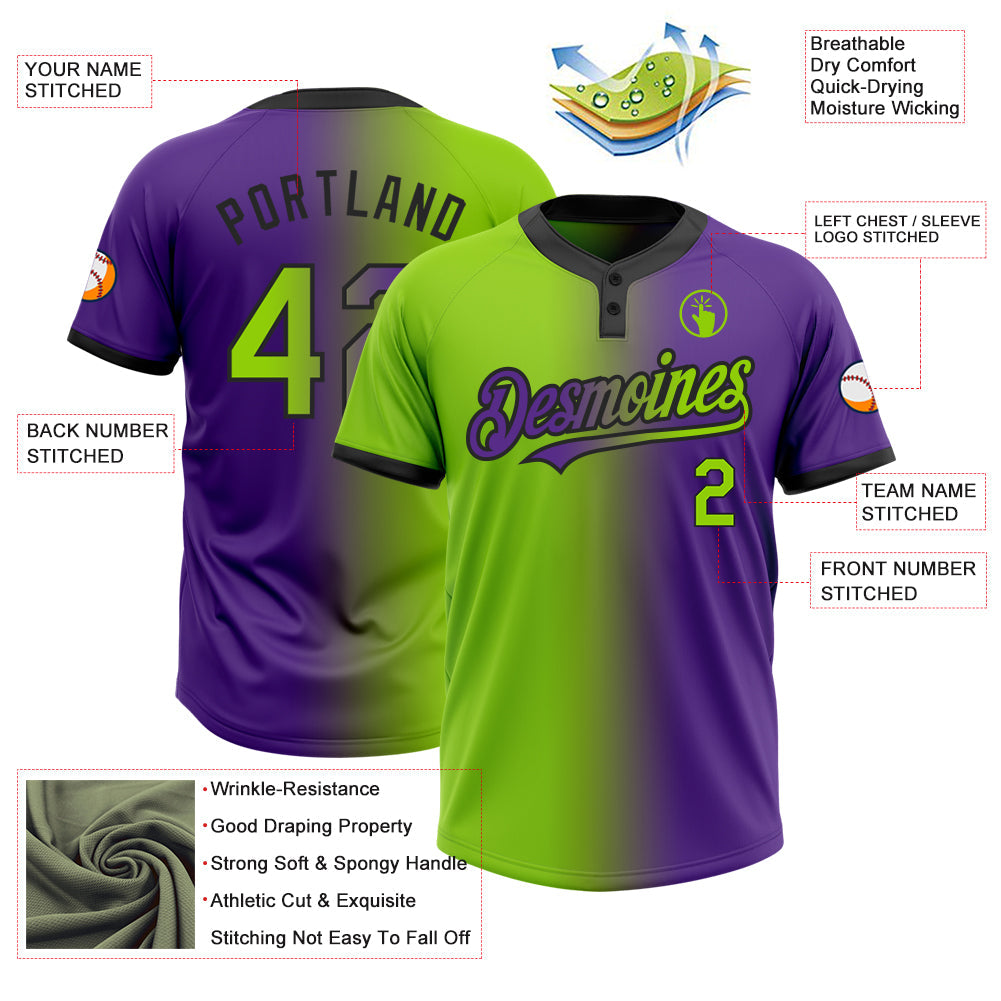 Custom Purple Neon Green-Black Gradient Fashion Two-Button Unisex Softball Jersey Limited