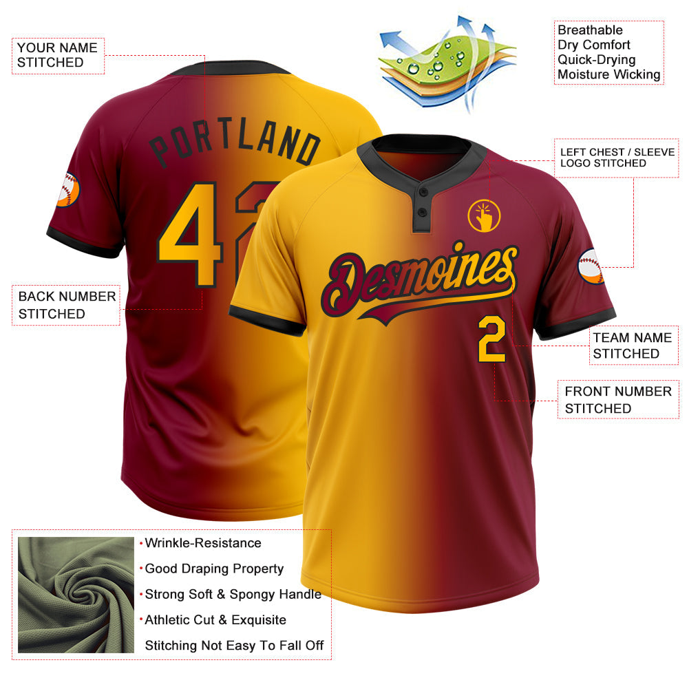 Custom Maroon Gold-Black Gradient Fashion Two-Button Unisex Softball Jersey Limited