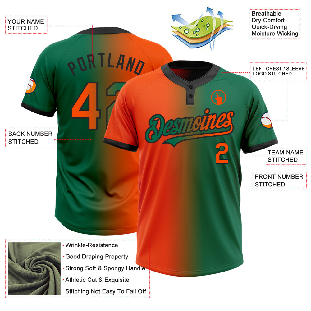 Custom Kelly Green Orange-Black Gradient Fashion Two-Button Unisex Softball Jersey Limited