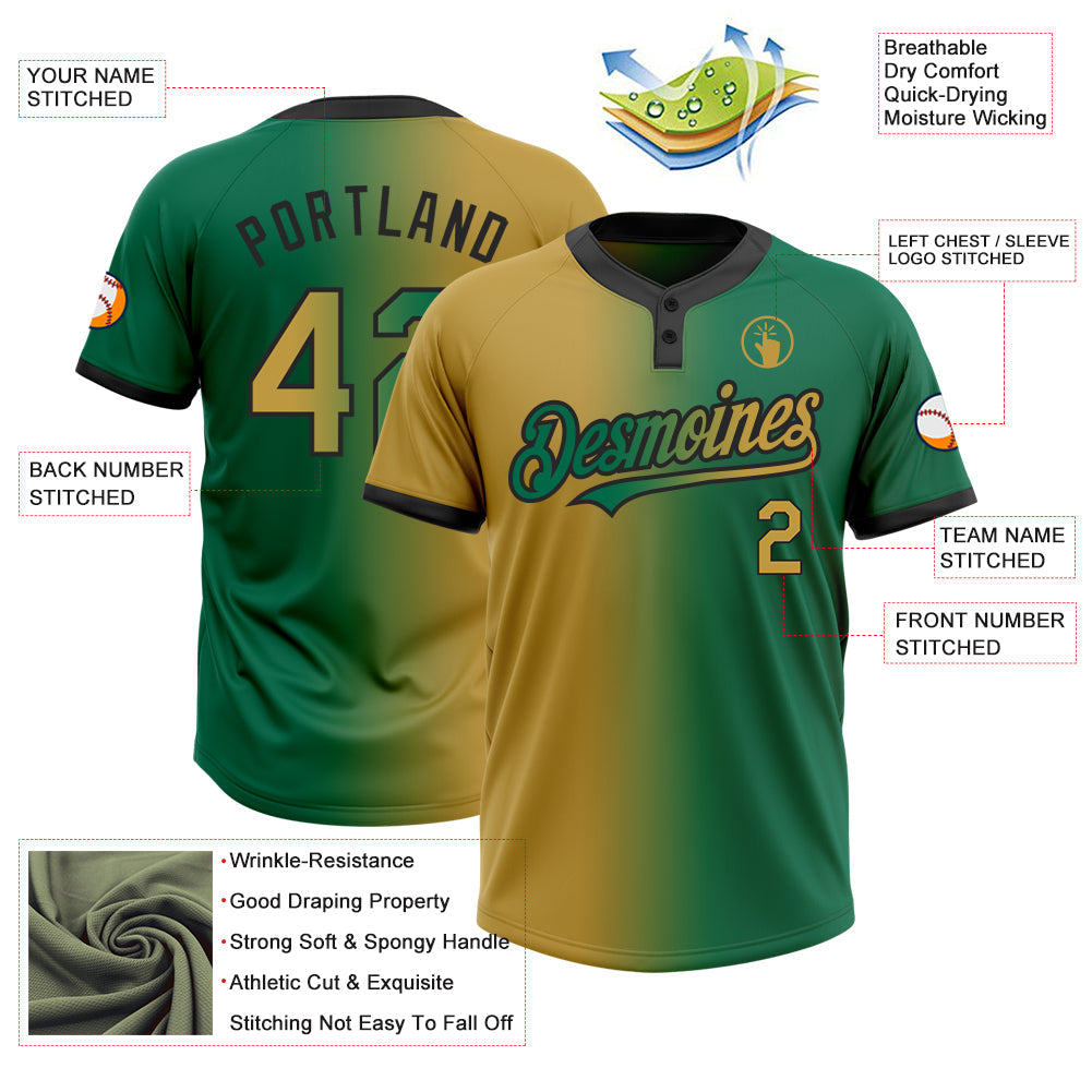 Custom Kelly Green Old Gold-Black Gradient Fashion Two-Button Unisex Softball Jersey Limited