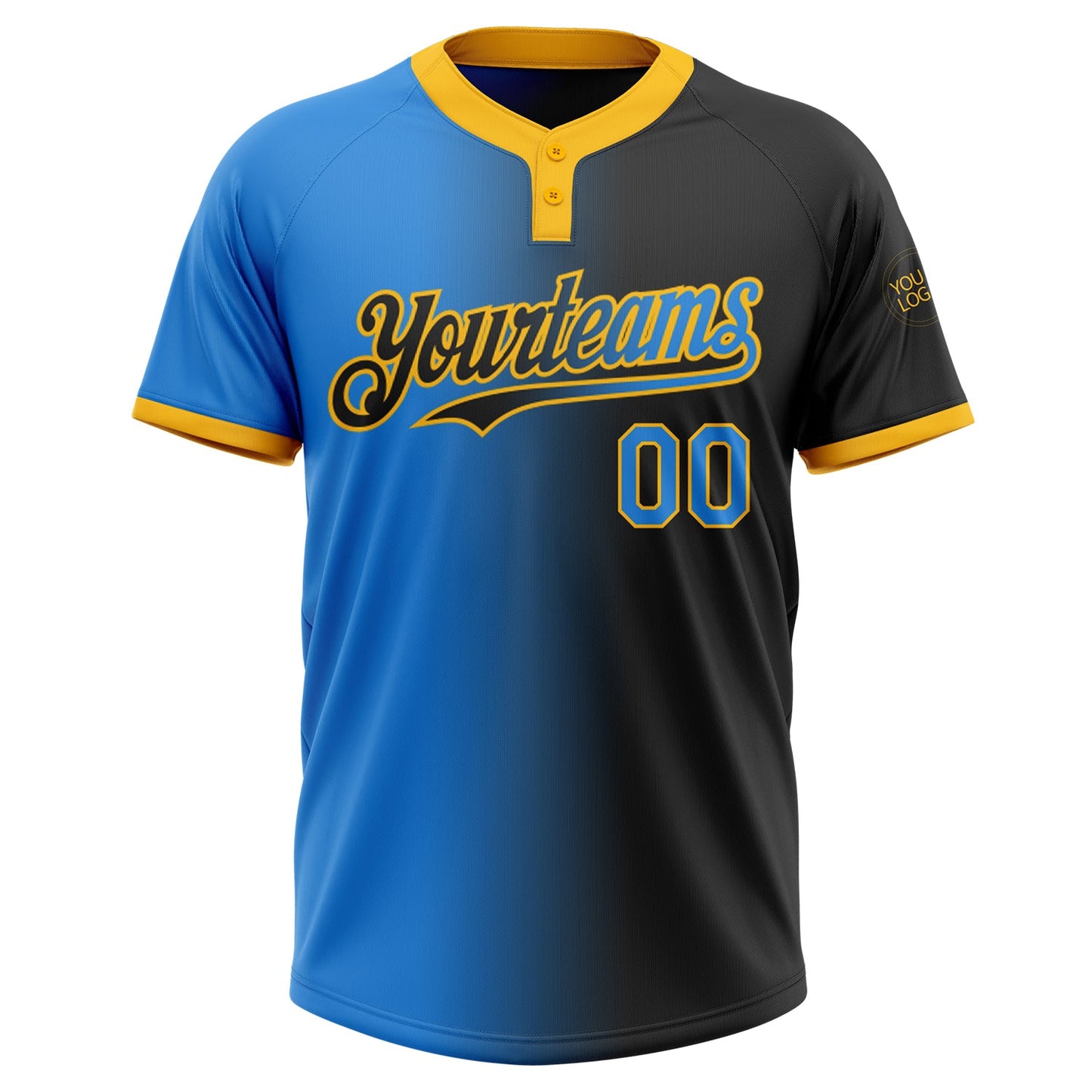 Custom Black Electric Blue-Gold Gradient Fashion Two-Button Unisex Softball Jersey Limited