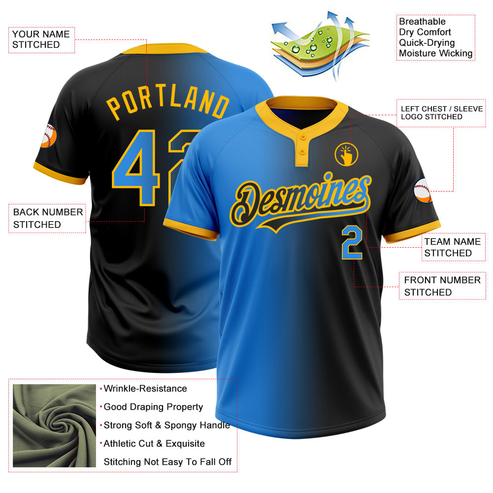 Custom Black Electric Blue-Gold Gradient Fashion Two-Button Unisex Softball Jersey Limited