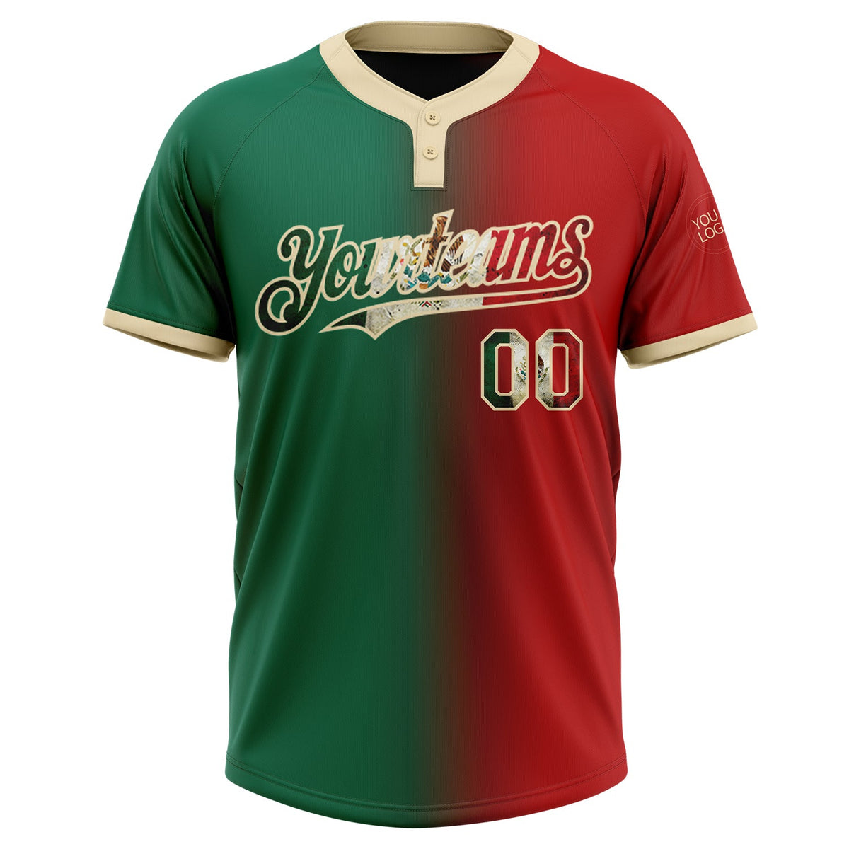 Custom Red Vintage Mexican Flag Kelly Green-City Cream Gradient Fashion Two-Button Unisex Softball Jersey Limited