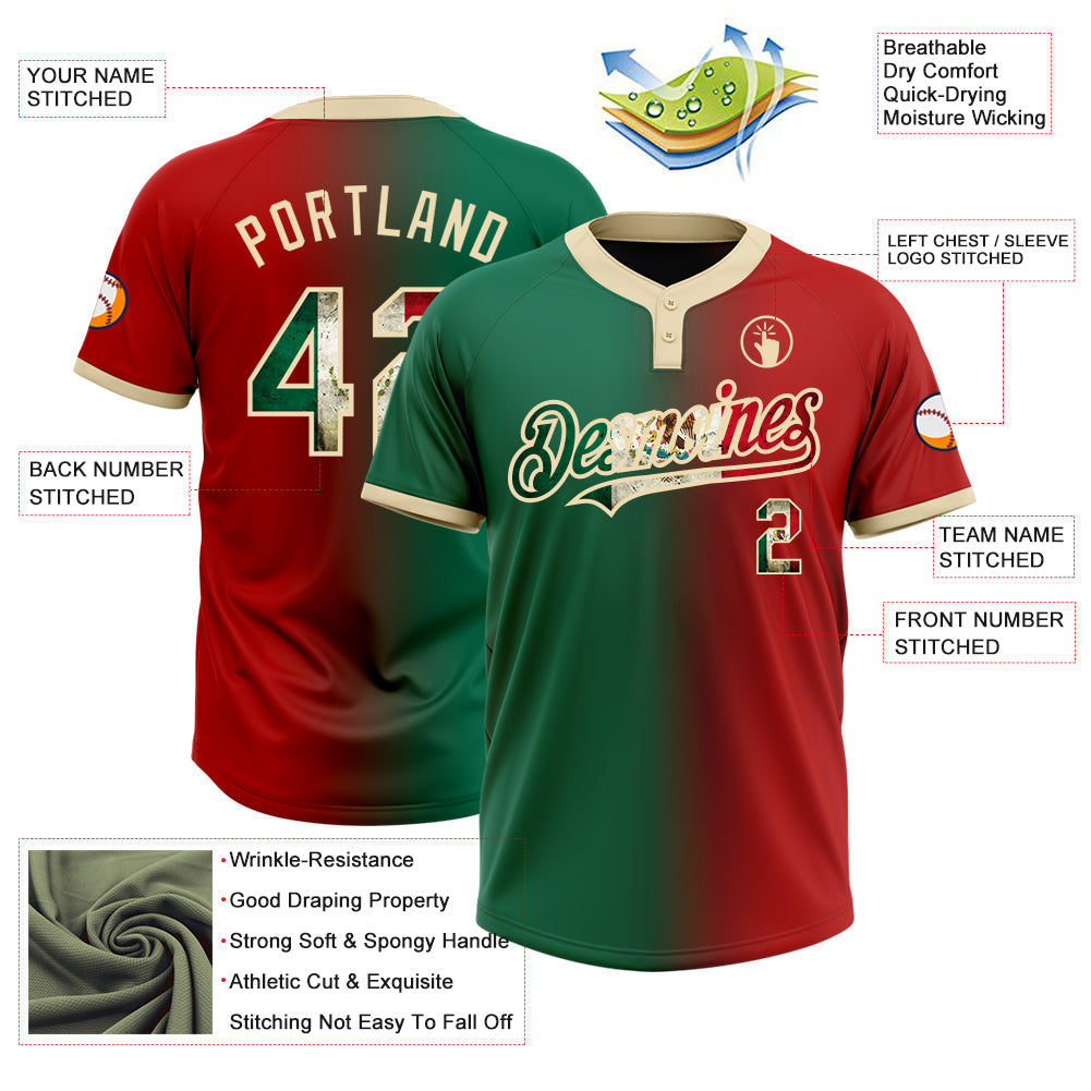 Custom Red Vintage Mexican Flag Kelly Green-City Cream Gradient Fashion Two-Button Unisex Softball Jersey Limited