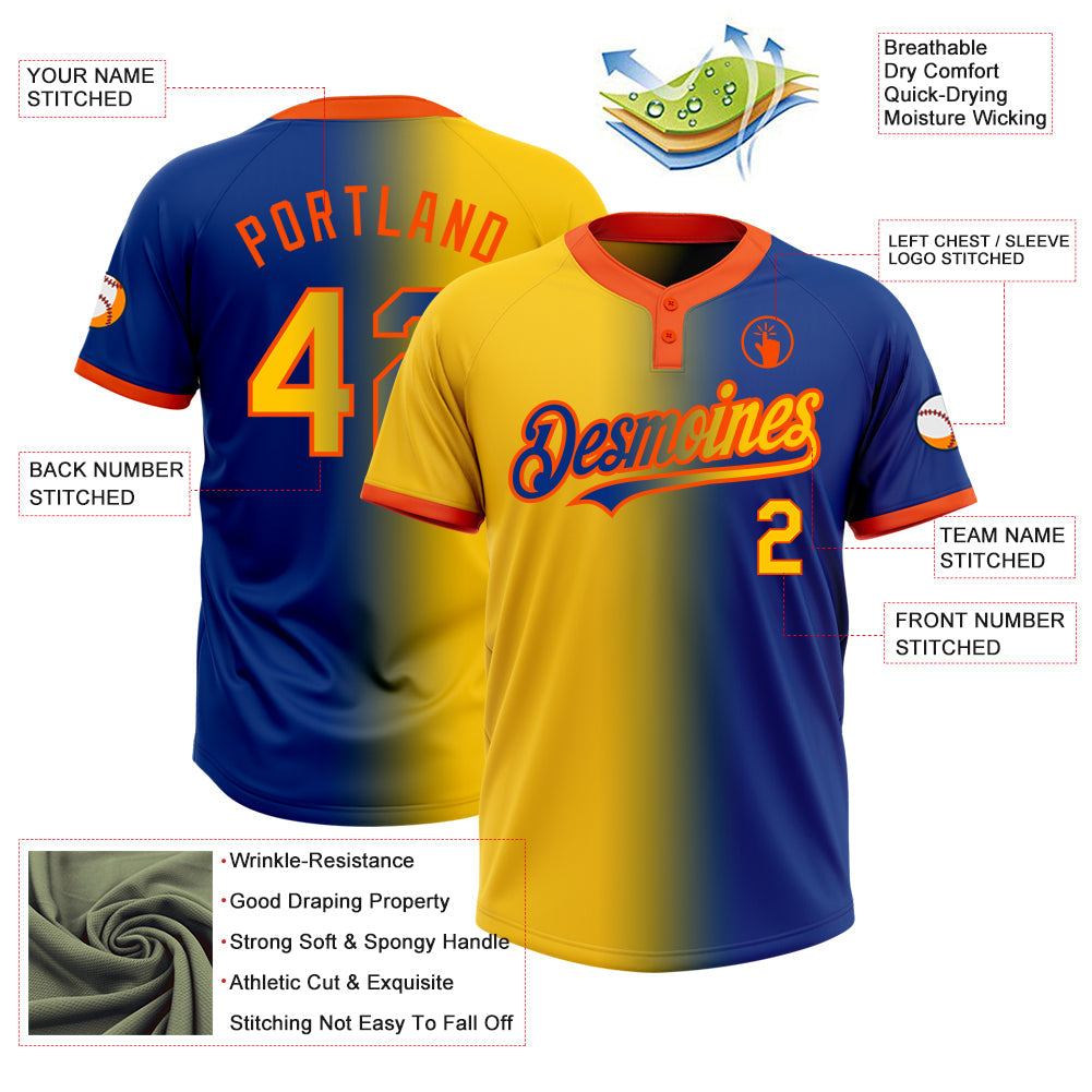 Custom Royal Yellow-Orange Gradient Fashion Two-Button Unisex Softball Jersey Limited
