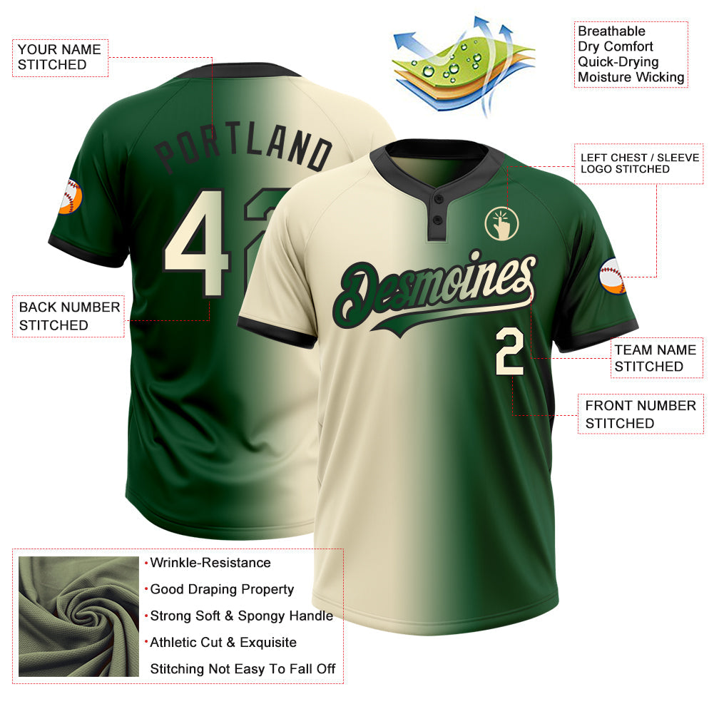 Custom Green Cream-Black Gradient Fashion Two-Button Unisex Softball Jersey Limited