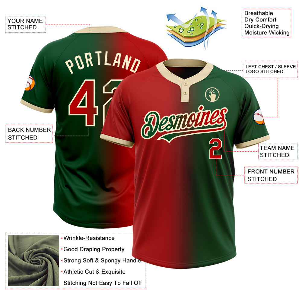 Custom Green Red-Cream Gradient Fashion Two-Button Unisex Softball Jersey Limited