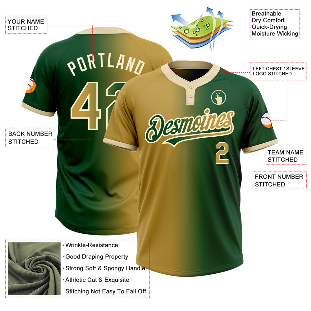 Custom Green Old Gold-Cream Gradient Fashion Two-Button Unisex Softball Jersey Limited
