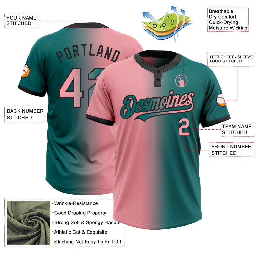 Custom Teal Medium Pink-Black Gradient Fashion Two-Button Unisex Softball Jersey Limited