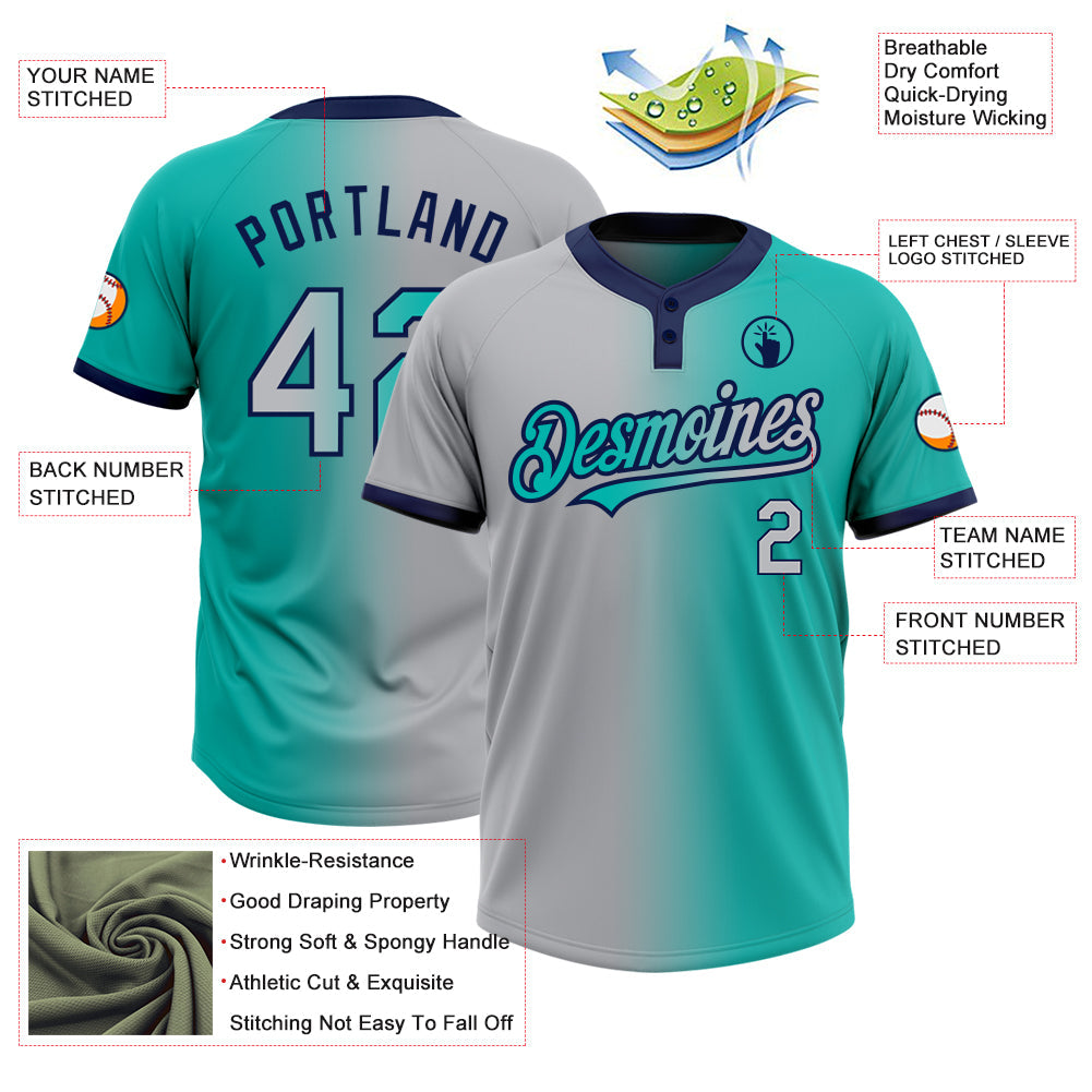 Custom Aqua Gray-Navy Gradient Fashion Two-Button Unisex Softball Jersey Limited