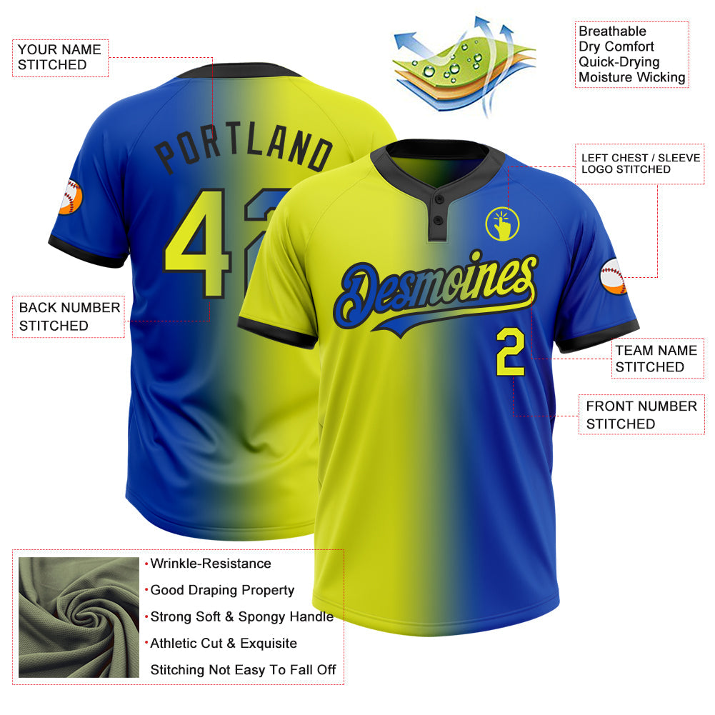 Custom Thunder Blue Neon Yellow-Black Gradient Fashion Two-Button Unisex Softball Jersey Limited