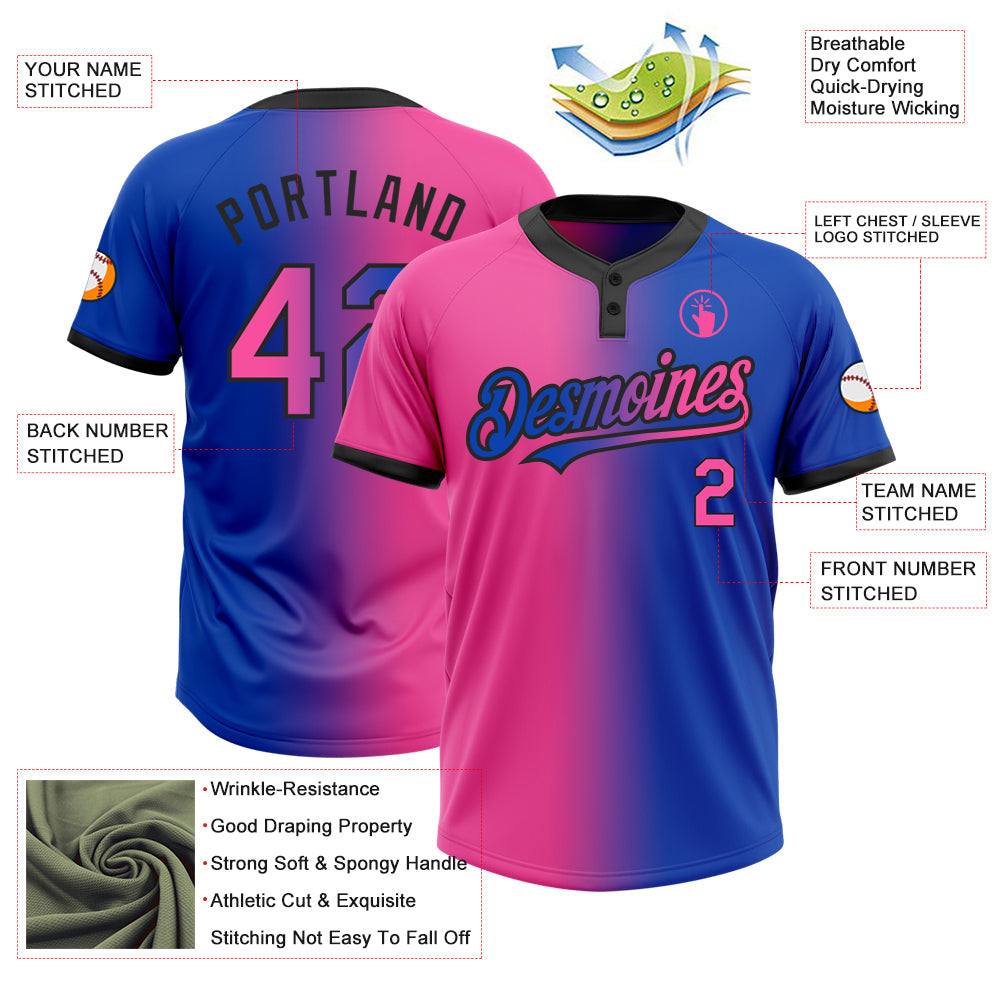 Custom Thunder Blue Pink-Black Gradient Fashion Two-Button Unisex Softball Jersey Limited