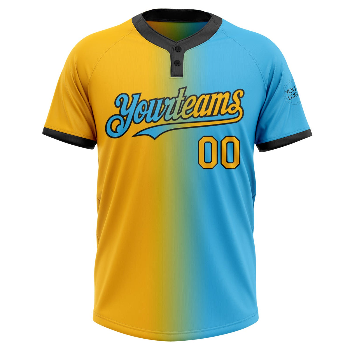Custom Sky Blue Gold-Black Gradient Fashion Two-Button Unisex Softball Jersey Limited