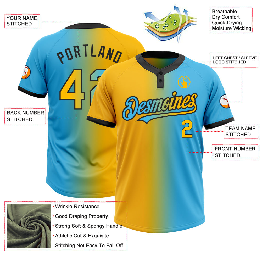 Custom Sky Blue Gold-Black Gradient Fashion Two-Button Unisex Softball Jersey Limited