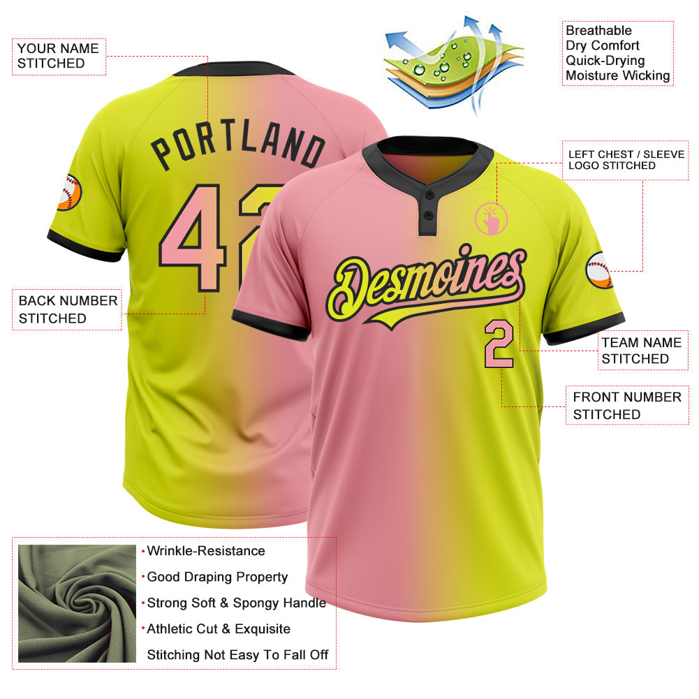 Custom Neon Yellow Medium Pink-Black Gradient Fashion Two-Button Unisex Softball Jersey Limited