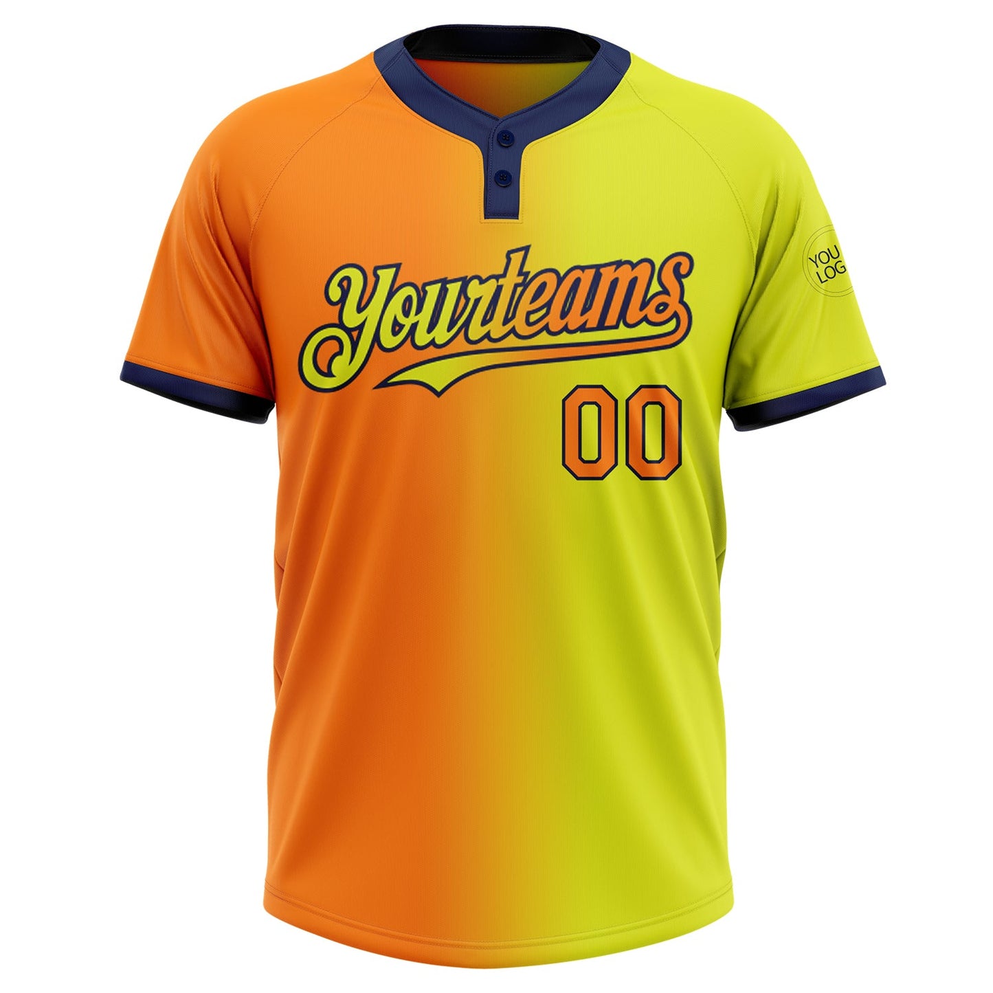 Custom Neon Yellow Bay Orange-Navy Gradient Fashion Two-Button Unisex Softball Jersey Limited