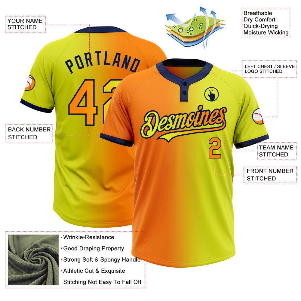Custom Neon Yellow Bay Orange-Navy Gradient Fashion Two-Button Unisex Softball Jersey Limited