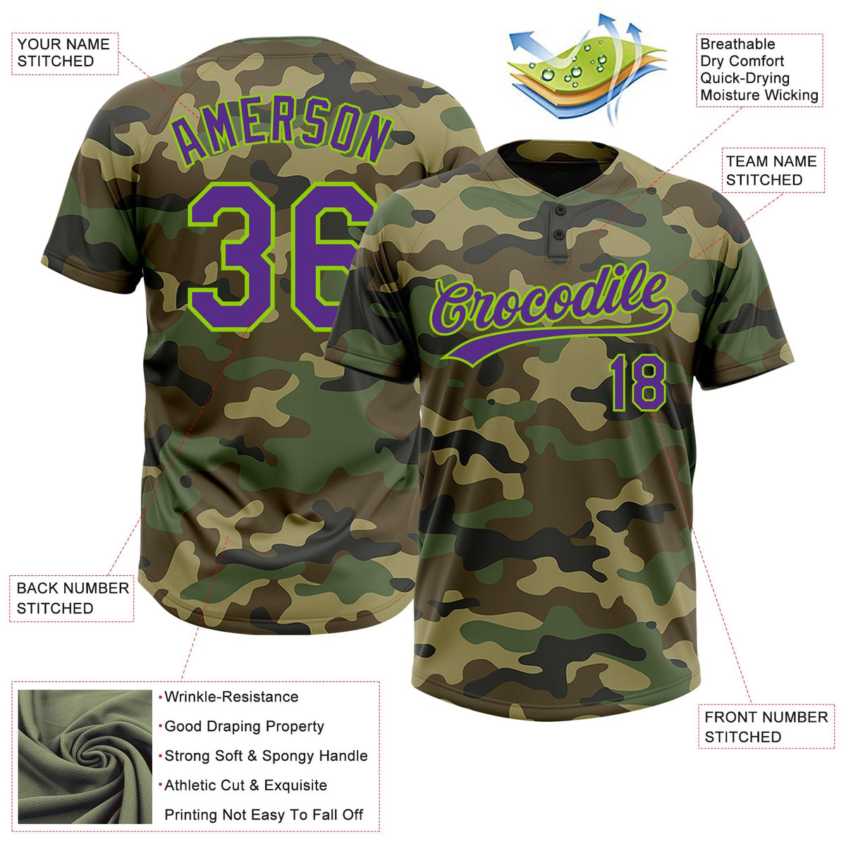 Custom Camo Purple-Neon Green Salute To Service Two-Button Unisex Softball Jersey Limited