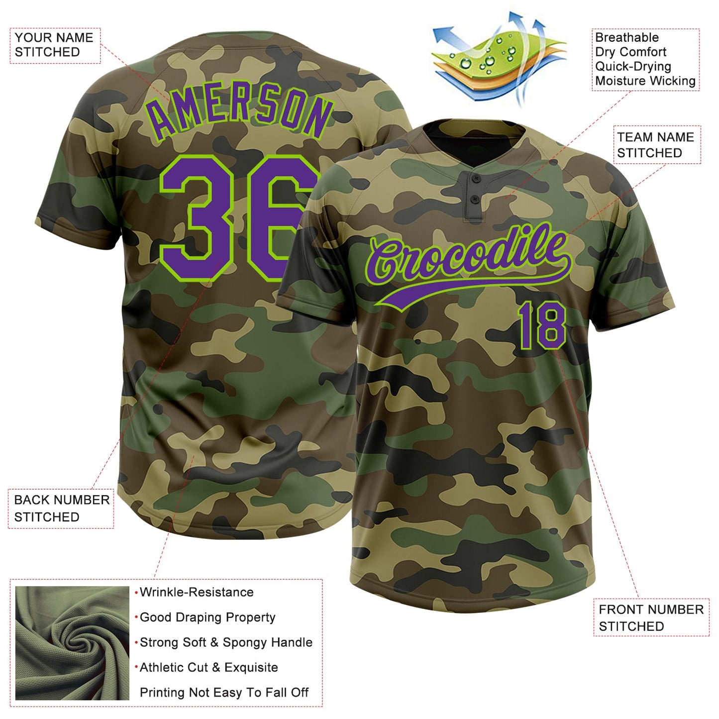 Custom Camo Purple-Neon Green Salute To Service Two-Button Unisex Softball Jersey Limited