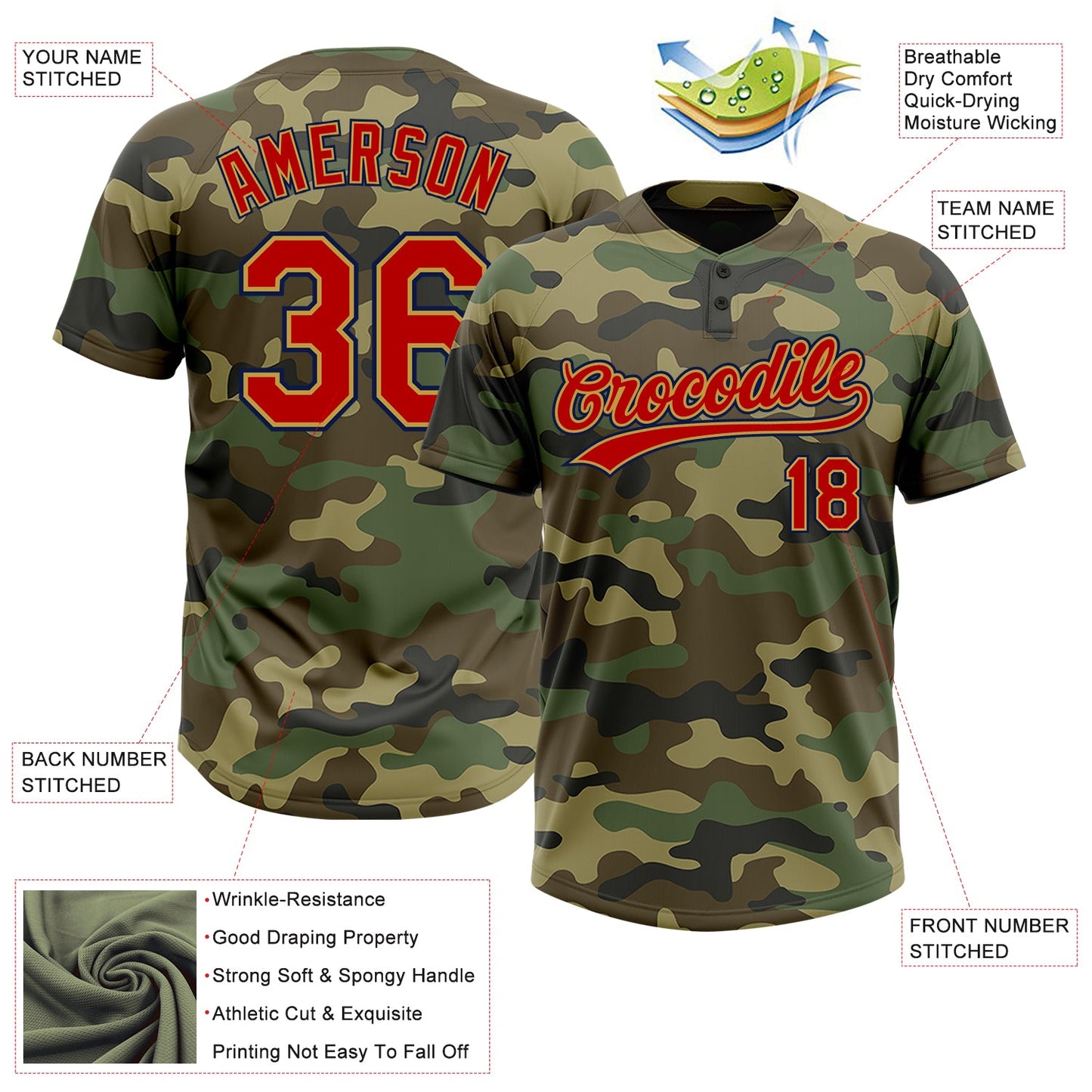 Custom Camo Red Old Gold-Navy Salute To Service Two-Button Unisex Softball Jersey Limited