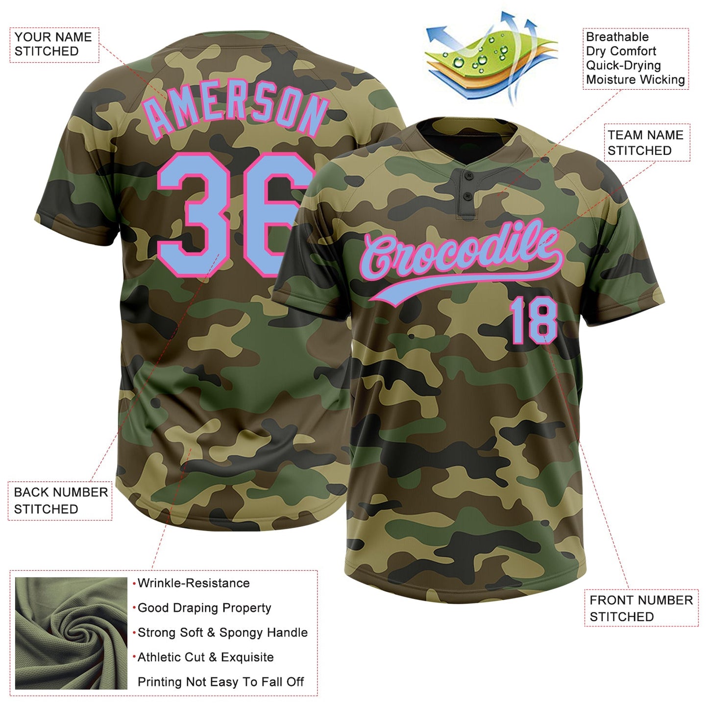 Custom Camo Light Blue-Pink Salute To Service Two-Button Unisex Softball Jersey Limited