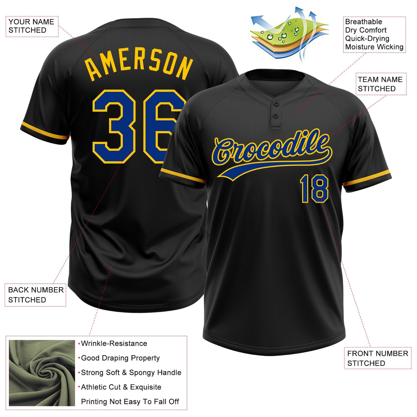 Custom Black Royal-Yellow Two-Button Unisex Softball Jersey Limited