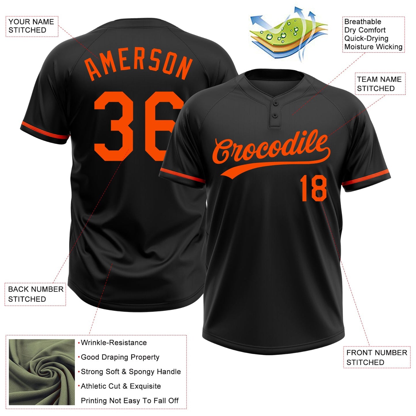 Custom Black Orange Two-Button Unisex Softball Jersey Limited