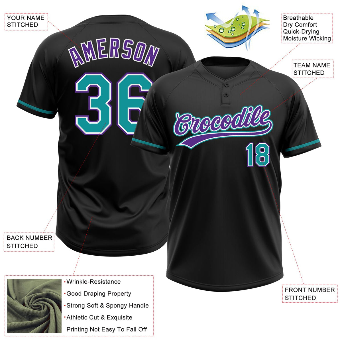 Custom Black Teal-Purple Two-Button Unisex Softball Jersey Limited