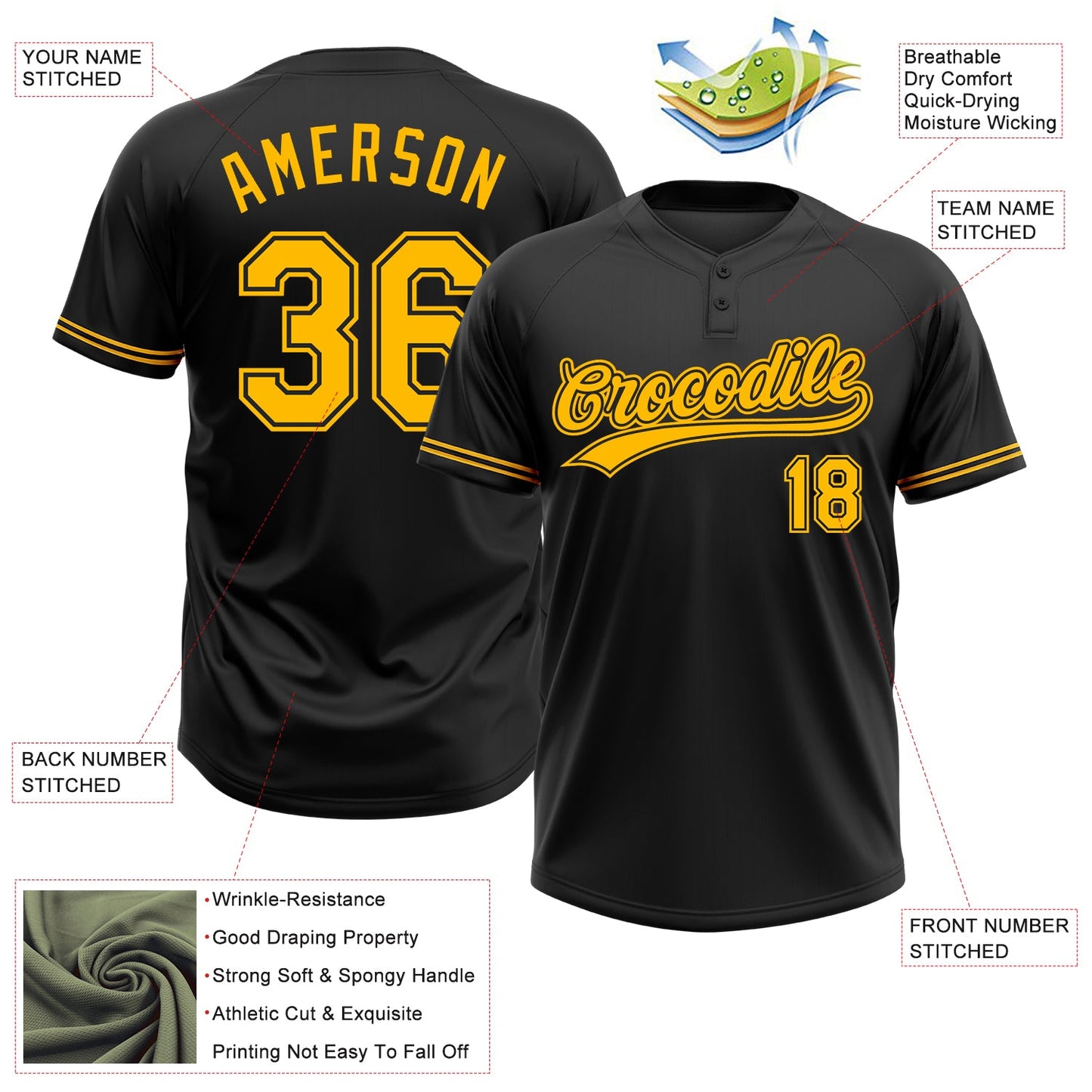 Custom Black Gold Two-Button Unisex Softball Jersey Limited