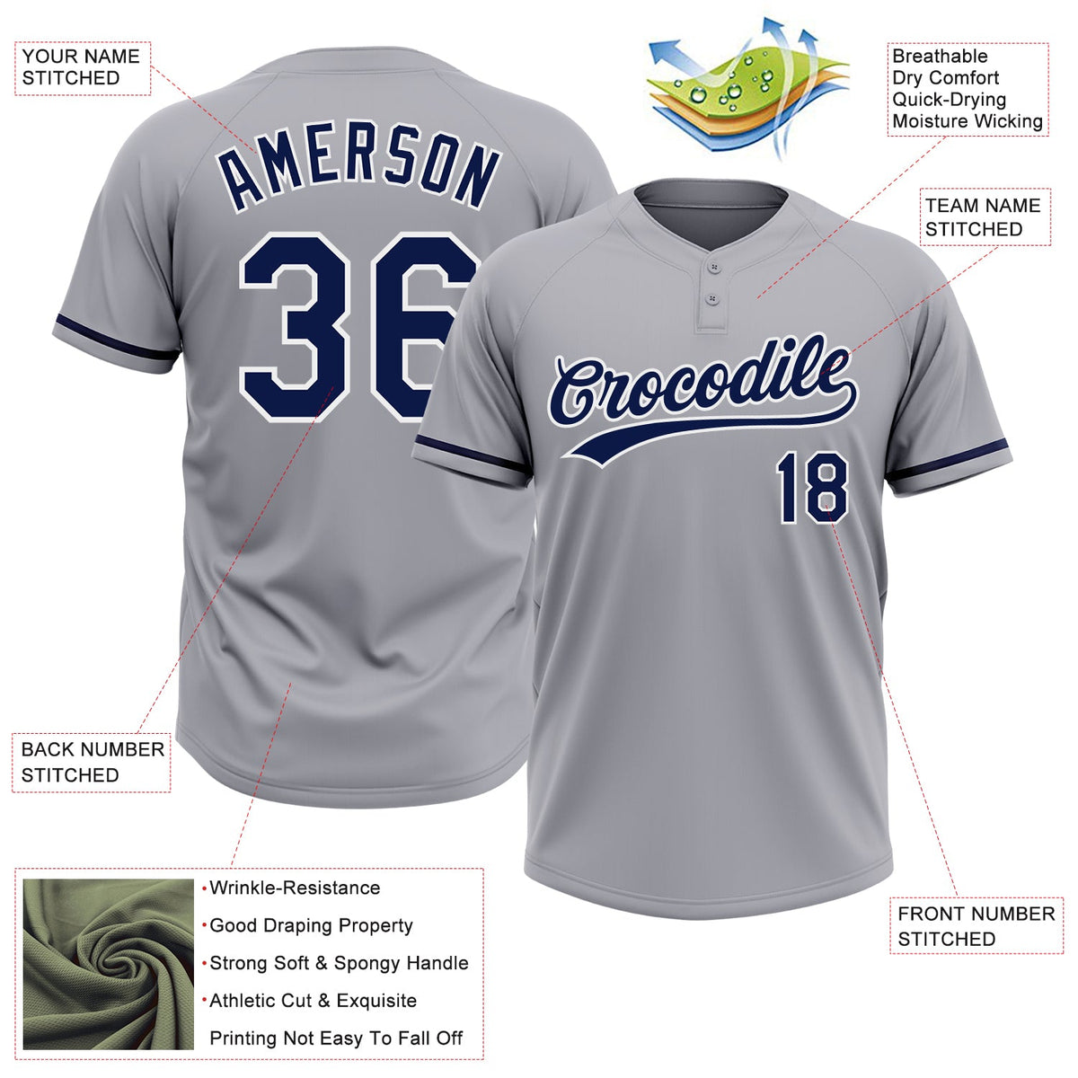 Custom Gray Navy-White Two-Button Unisex Softball Jersey Limited