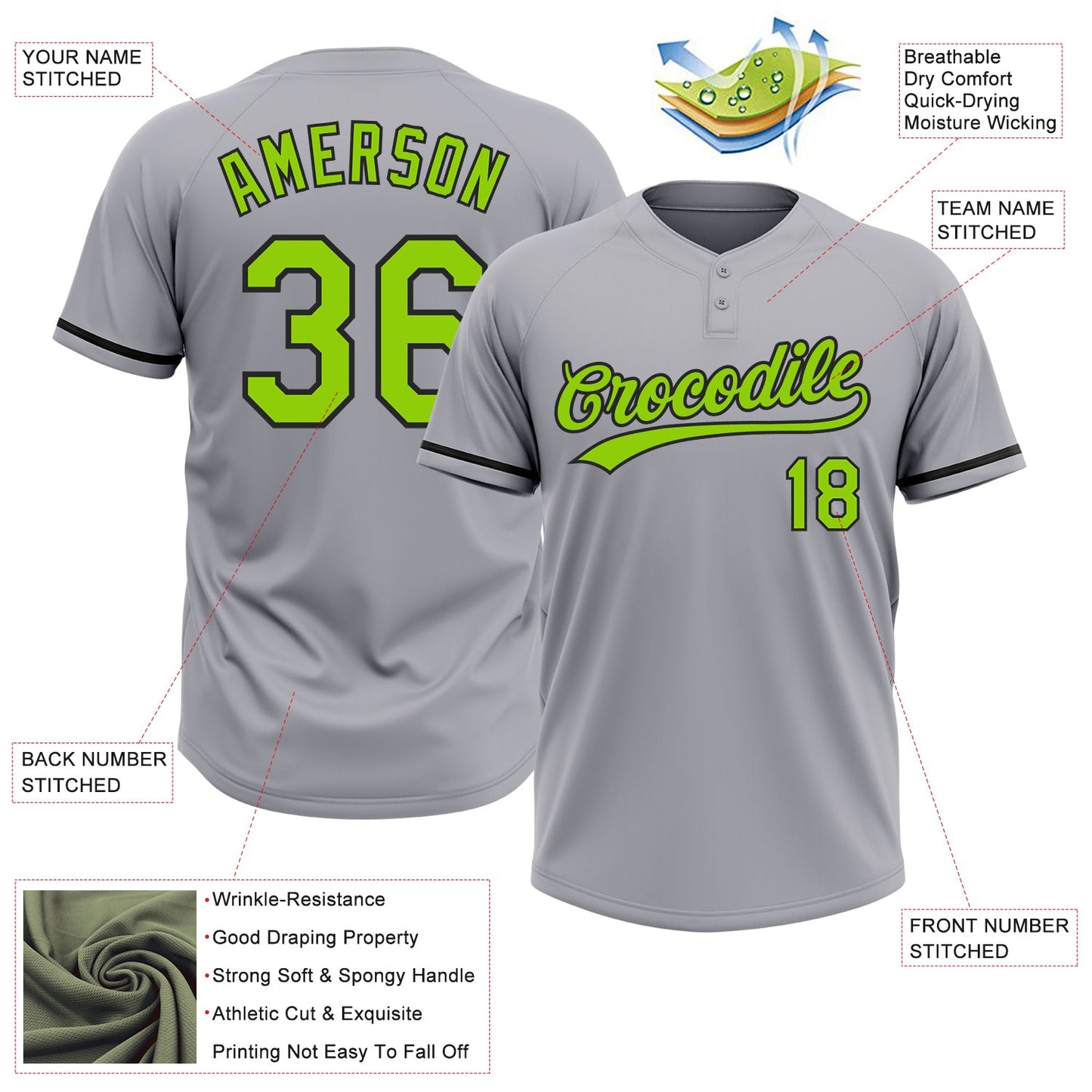 Custom Gray Neon Green-Black Two-Button Unisex Softball Jersey Limited