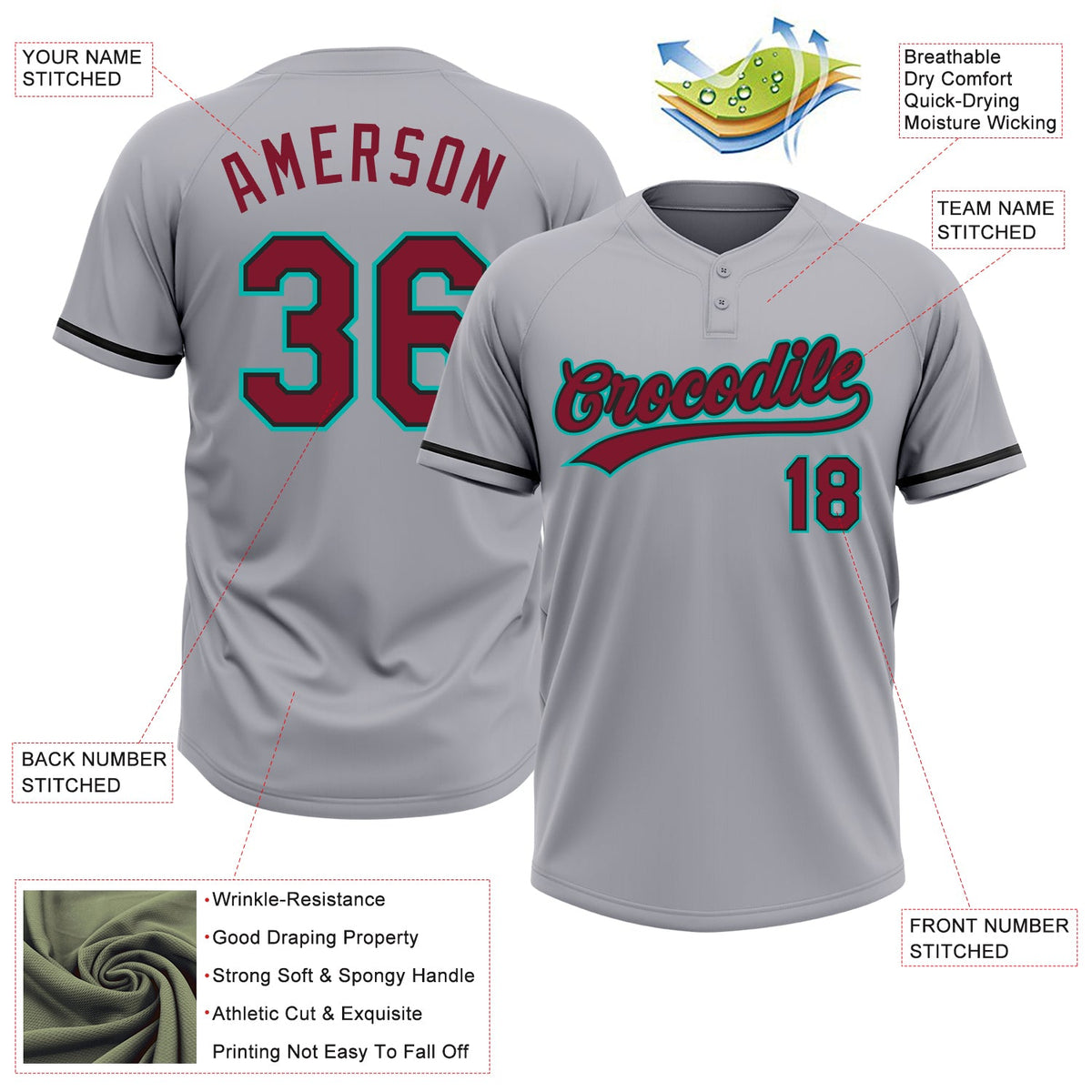 Custom Gray Crimson Black-Aqua Two-Button Unisex Softball Jersey Limited