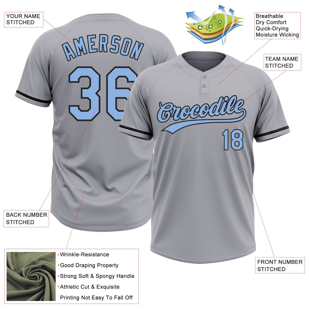 Custom Gray Light Blue-Black Two-Button Unisex Softball Jersey Limited