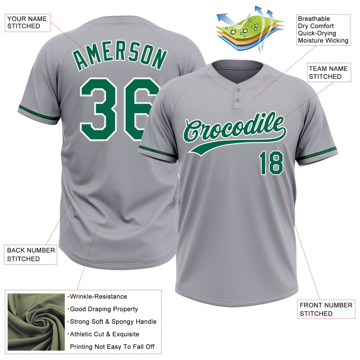 Custom Gray Kelly Green-White Two-Button Unisex Softball Jersey Limited