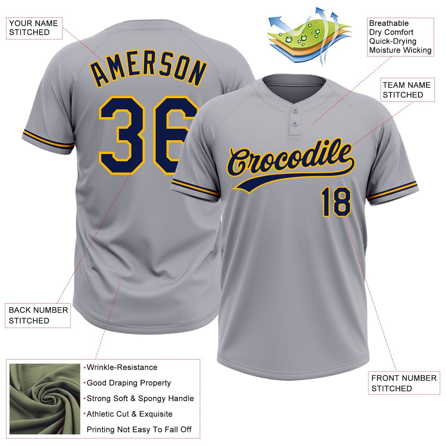 Custom Gray Navy-Gold Two-Button Unisex Softball Jersey Limited