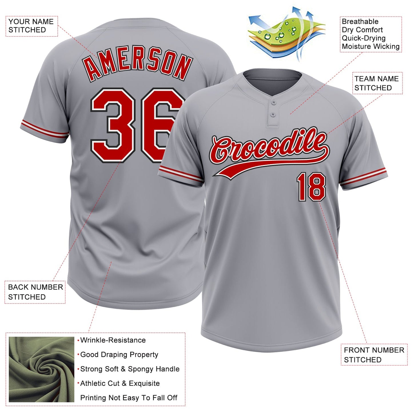 Custom Gray Red-Black Two-Button Unisex Softball Jersey Limited