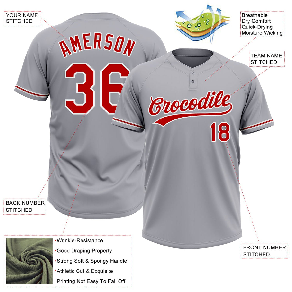 Custom Gray Red-White Two-Button Unisex Softball Jersey Limited