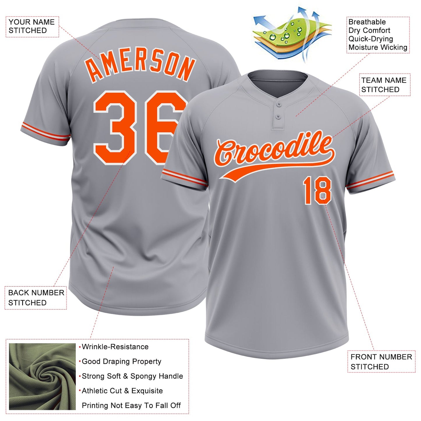 Custom Gray Orange-White Two-Button Unisex Softball Jersey Limited