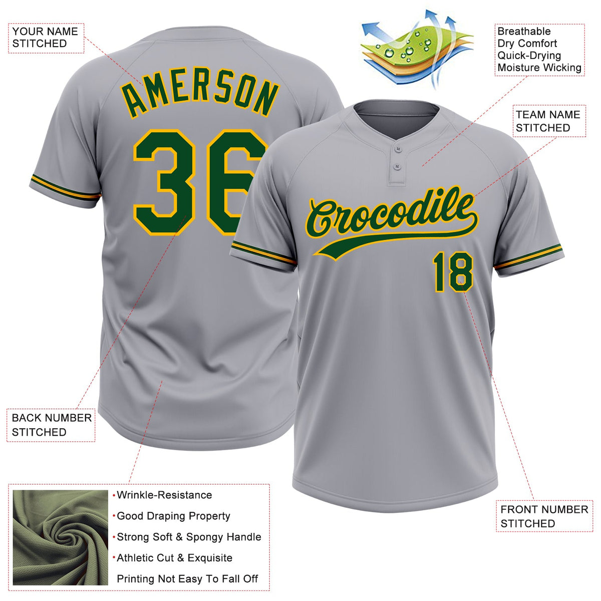 Custom Gray Green-Gold Two-Button Unisex Softball Jersey Limited