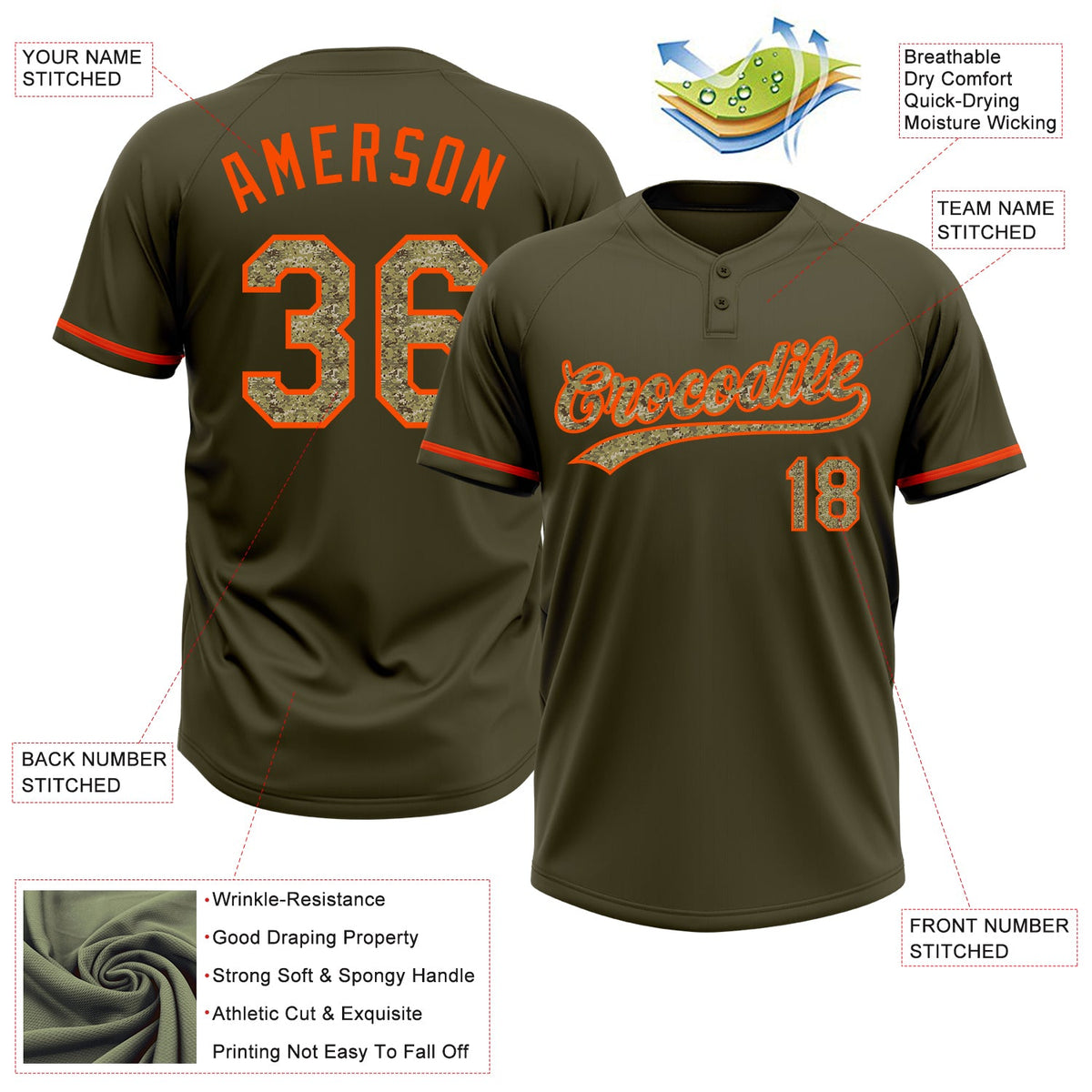 Custom Olive Camo-Orange Salute To Service Two-Button Unisex Softball Jersey Limited