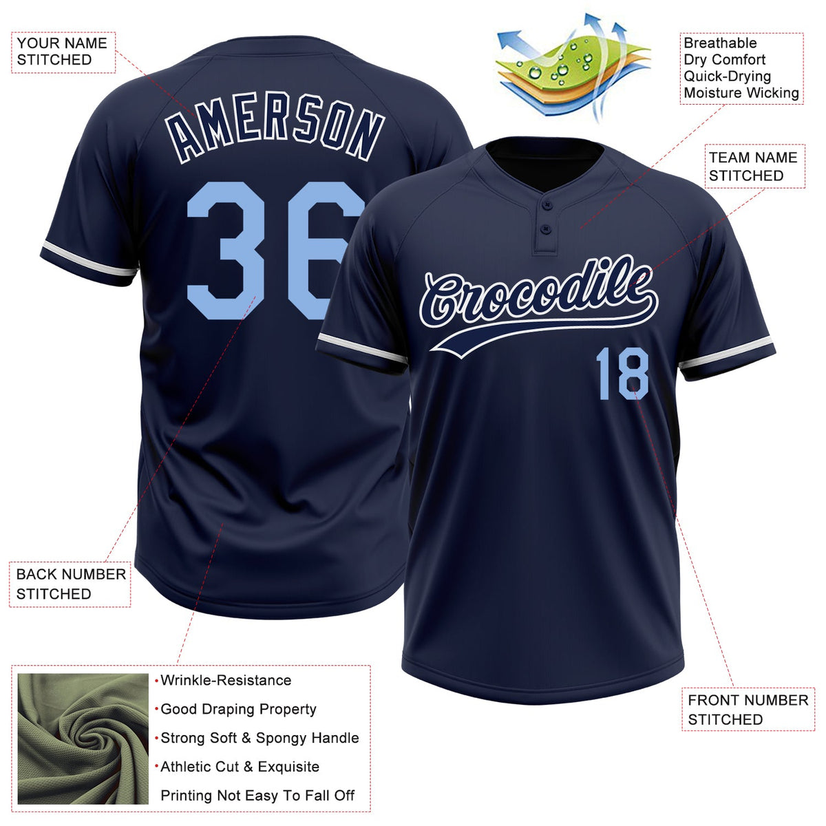 Custom Navy Light Blue-White Two-Button Unisex Softball Jersey Limited