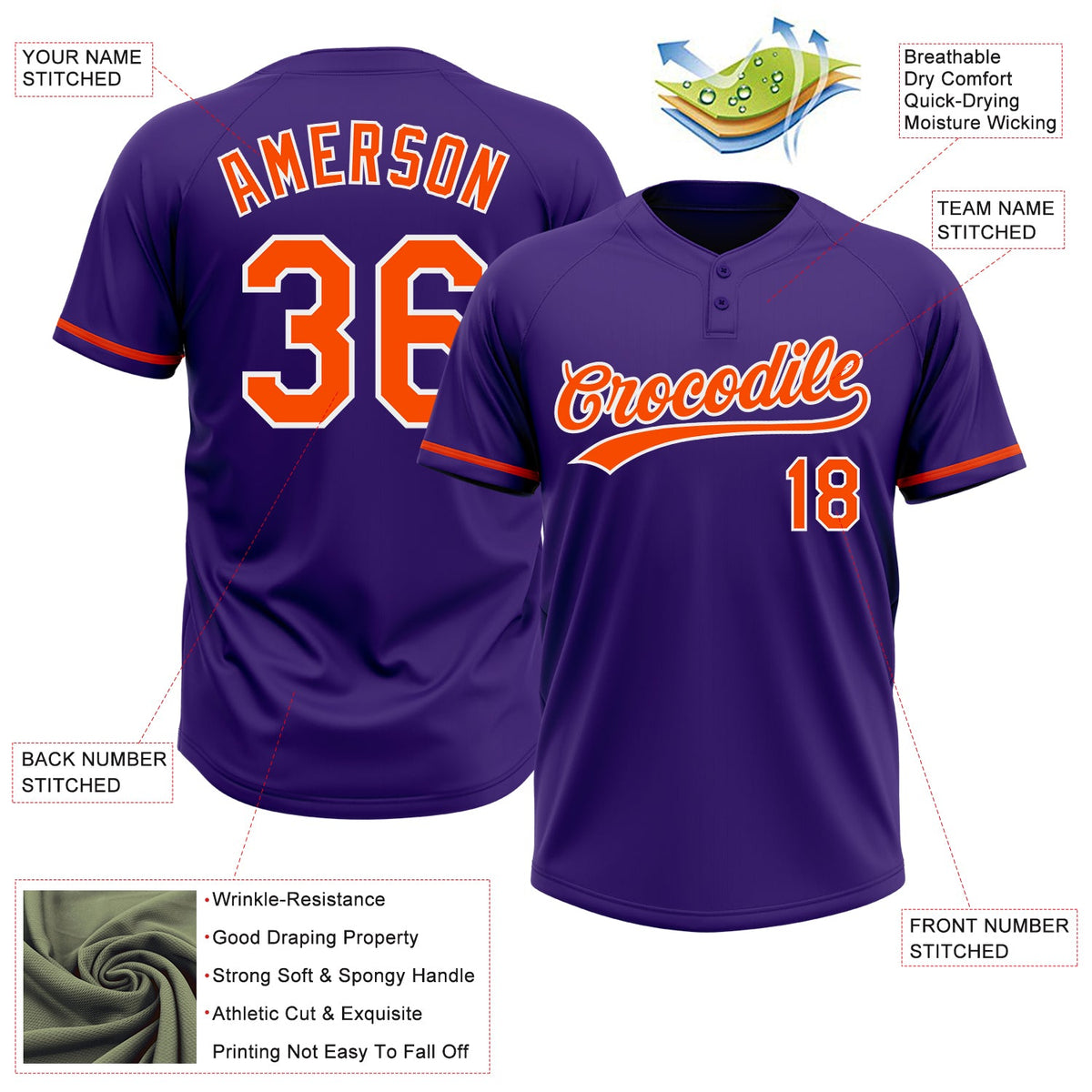 Custom Purple Orange-White Two-Button Unisex Softball Jersey Limited