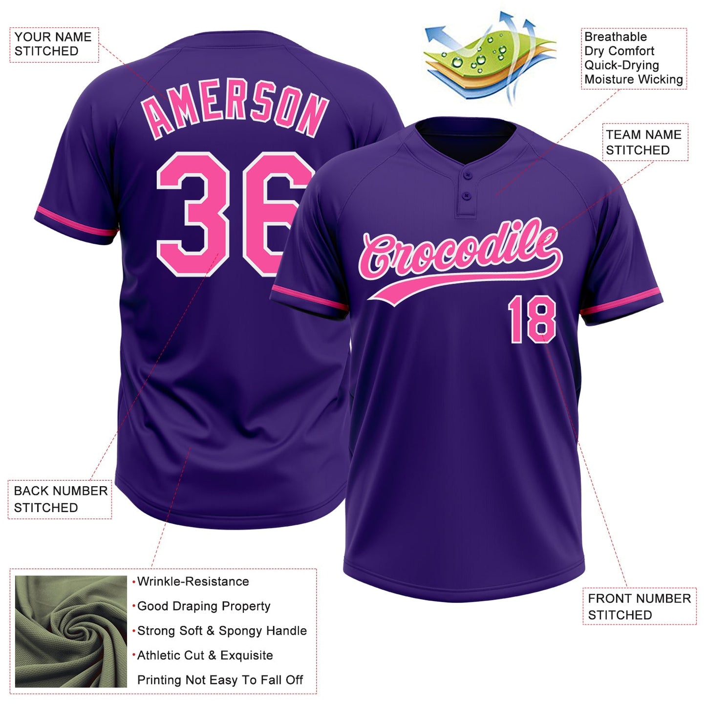 Custom Purple Pink-White Two-Button Unisex Softball Jersey Limited
